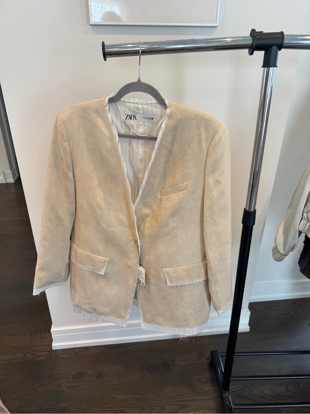 Zara Light Beige Collarless Suede-Style Blazer